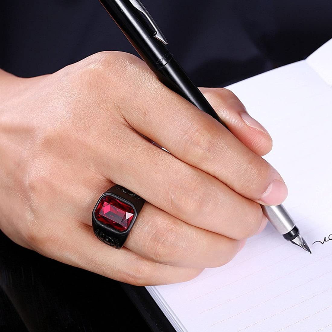 Yellow Chimes Elegant Stainless Steel Western Red Stone Studded Black Ring for Men and Boys (YCFJRG-206SQSTN-RD)