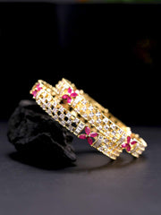 Yellow Chimes Elegant Floral Design AD/American Diamond Studded 18k Gold Plated Classic 2 PCs Handcrafted Bangles Set for Women & Girls (2.8)