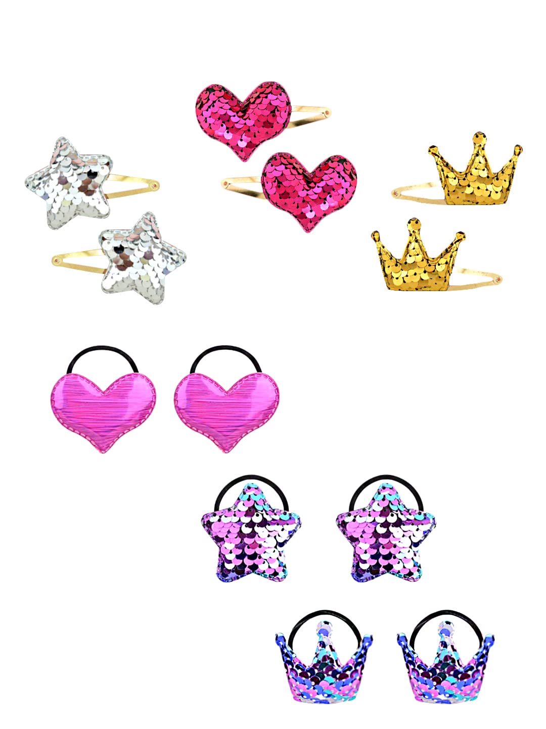 Melbees by Yellow Chimes Combo of Sequins Studded 6 PCS Ponytail Holders Rubber Bands and 3 Pairs Hair Clips Hair Accessories for Kids Girls (Pack of 12), Multi-Color, Medium