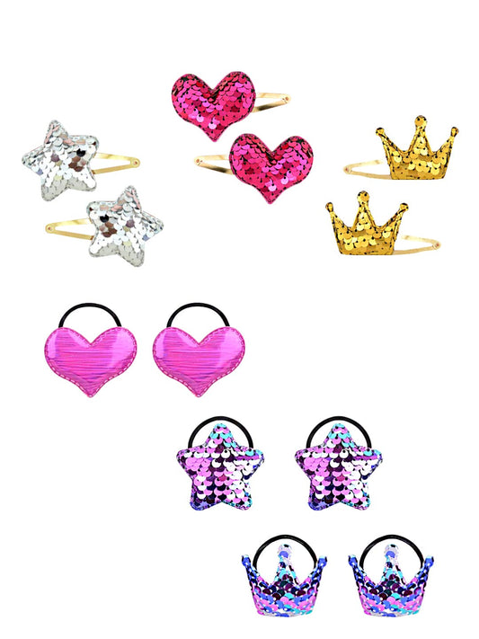 Melbees by Yellow Chimes Combo of Sequins Studded 6 PCS Ponytail Holders Rubber Bands and 3 Pairs Hair Clips Hair Accessories for Kids Girls (Pack of 12), Multi-Color, Medium