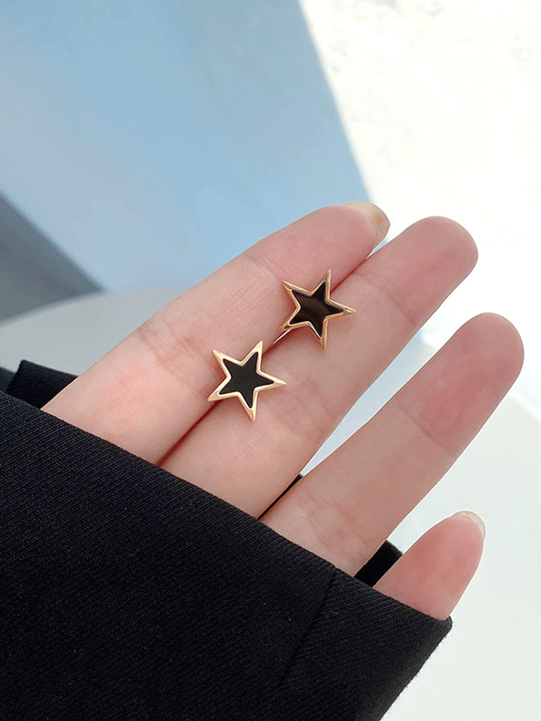 Yellow Chimes Stud Earrings for Women Western Rose Gold Plated Stainless Steel Black Star Shaped Studs Earrings For Women and Girls