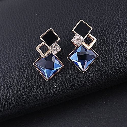 Yellow Chimes Fine Vintage Long Square Geometric Crystal Blue Gold Plated Drop Stud Earrings for Women and Girls