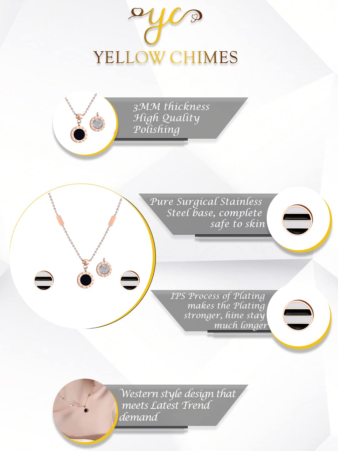 Yellow Chimes Pendant Set for Women Rose Gold Pendant Set Stainless Steel Interwined Crystal Rings Pendant With Drop Earrings Set For Women and Girls.