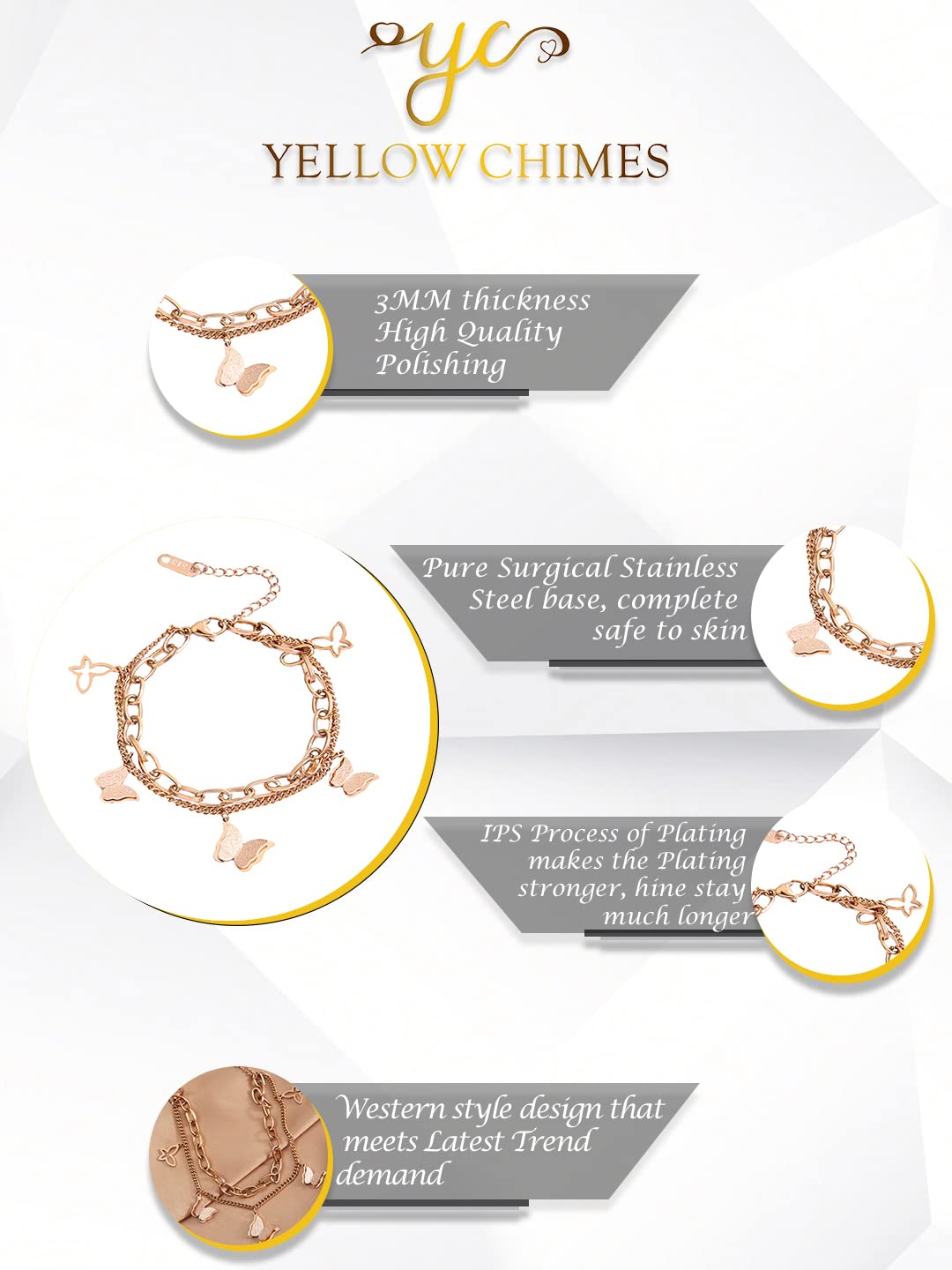 Yellow Chimes Bracelet for Women Rose Gold Stainless Steel Butterfly Charm Adjustable Chain Bracelet for Women and Girls