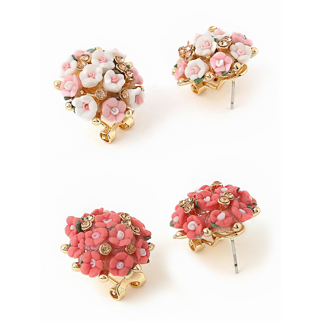 Kairangi Stud Earrings for Women Combo of 2 Pairs Floral Stud Earrings Gold Plated Pink & Peach Studs for Girls and Women.