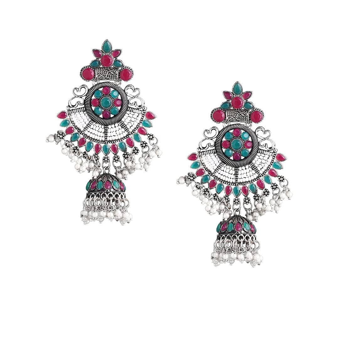 Yellow Chimes Ethnic German Silver Oxidised Multicolour Studded stones Flower Design Pearl Moti Traditional Chandbali Earrings for Women and Girls, Medium (YCTJER-90OXDCHDS-MC)
