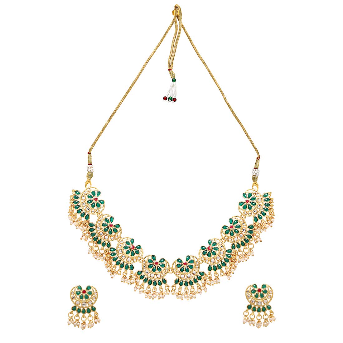 Yellow Chimes Ethnic Handcrafted Green Beads Floral Kundan Jewellery Set Gold Plated Traditional Choker Necklace Set for Women and Girls (Green, Gold)