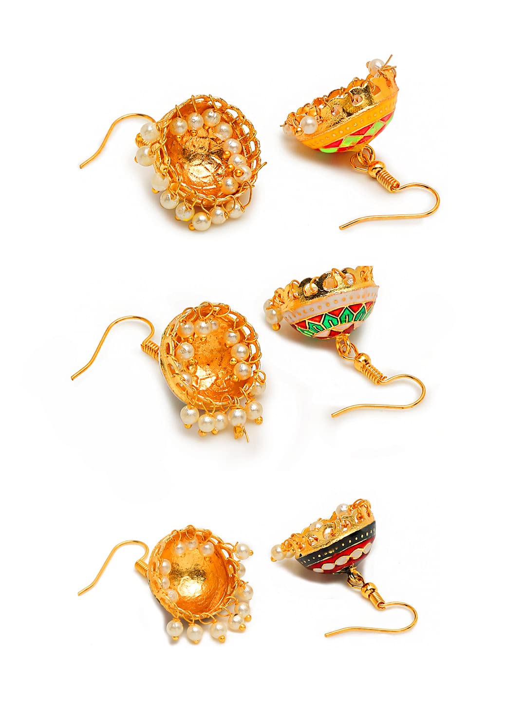 Yellow Chimes Meenakari Jumka Earrings with Ethnic Design Gold Plated Traditional Beads Combo of 3 pairs for Women and Girls