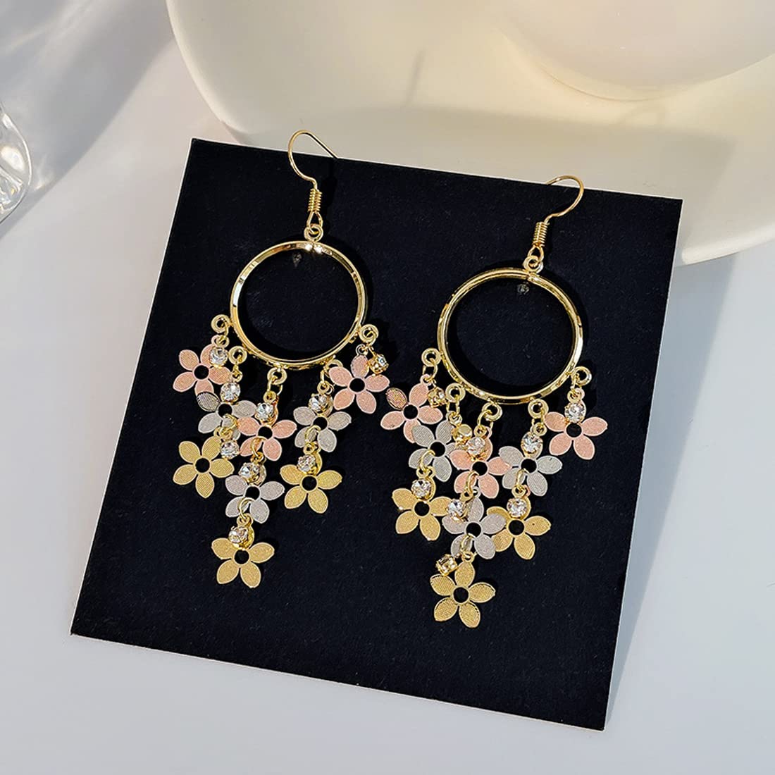 Yellow Chimes Earrings For Women Gold Tone Open Circle Crystal Flower Hanging Hook Drop Earrings For Women and Girls