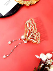 Yellow Chimes Hair Clip For Women Gold Tone Butterfly Shape With Pearl Beads Cluthers Hair Claw Clip For Women and Girls