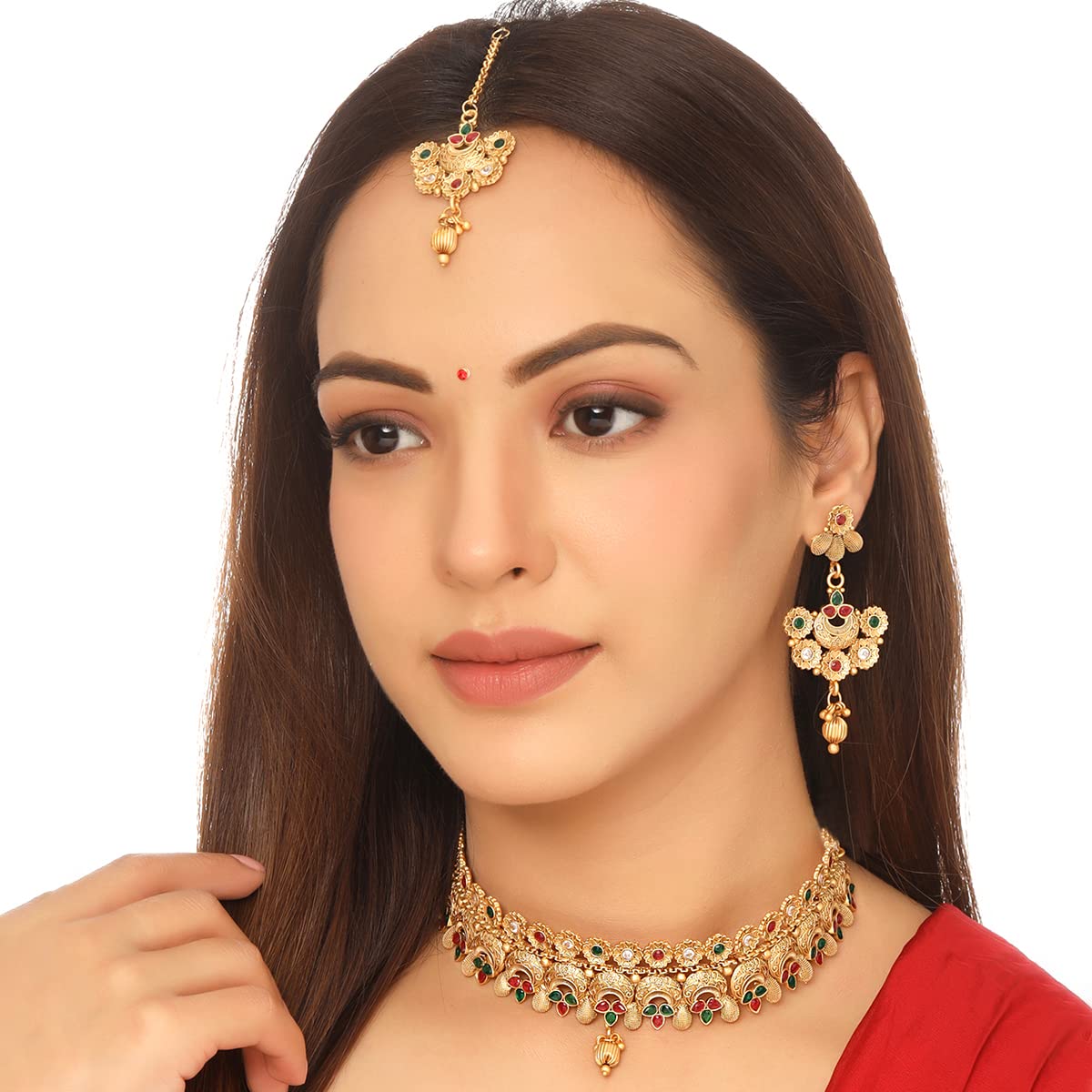 Yellow Chimes Jewellery Set For Women Gold Plated Crystal Studded Floral Designed Traditional Choker Necklace Set with Earrings and Mangtikka For Women and Girls