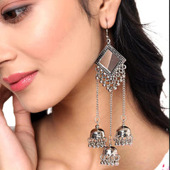 Yellow Chimes Earrings for Women and Girls | Traditional Silver Oxidised Chandbali Jhumkas Set | German Silver Jhumka Combo | Chand Baliyan and Jhumka Earrings | Accessories Jewellery for Women | Birthday Gift for Girls and Women Anniversary Gift for Wife