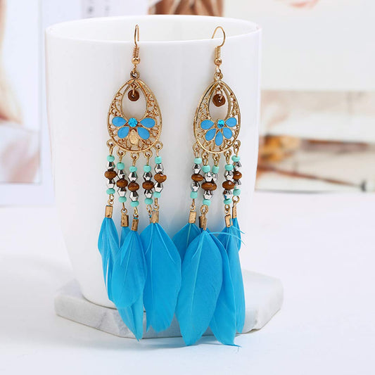 Kairangi Earrings for Women and Girls | Blue Studded Beads Long Dangler Earring | Gold Plated Tassel Earring | Western Long Tassel Earrings | Birthday Gift for girls & women Anniversary Gift for Wife