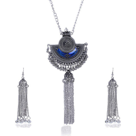 Yellow Chimes Stylish Crafted Royal Blue Meenakari Oxidized Silver Necklace Set with Earrings Oxidized Jewellery Sets for Women and Girls