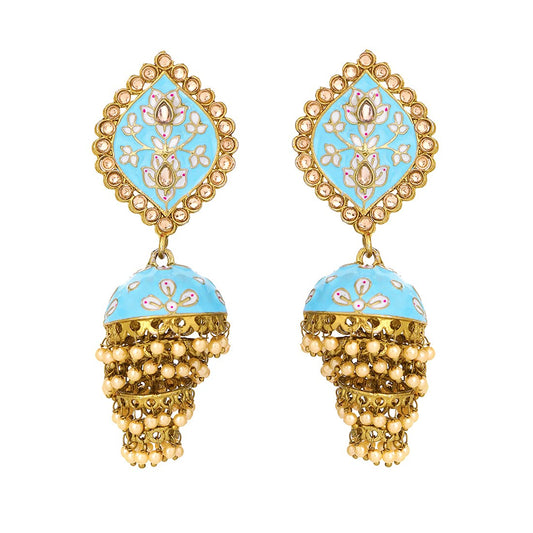 Yellow Chimes Ethnic Gold Plated Traditional Blue Meenakari Flower Design Golden Beads Jhumka Earrings for Women and Girls, Medium (YCTJER-104MNKJHK-BL)