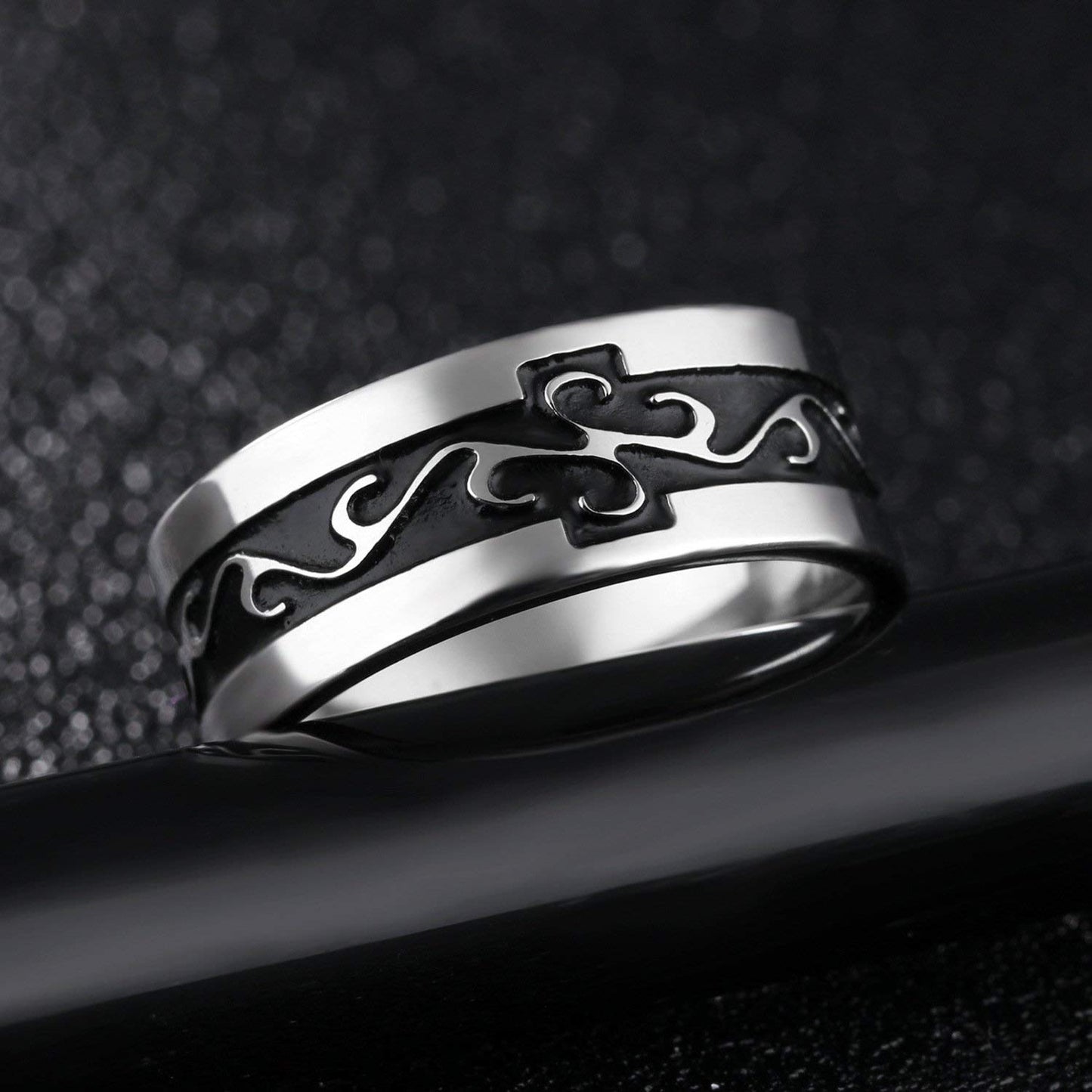 Yellow Chimes Rings for Men Silver Black Ring Western Style Stainless Steel Band Ring for Men and Boys.