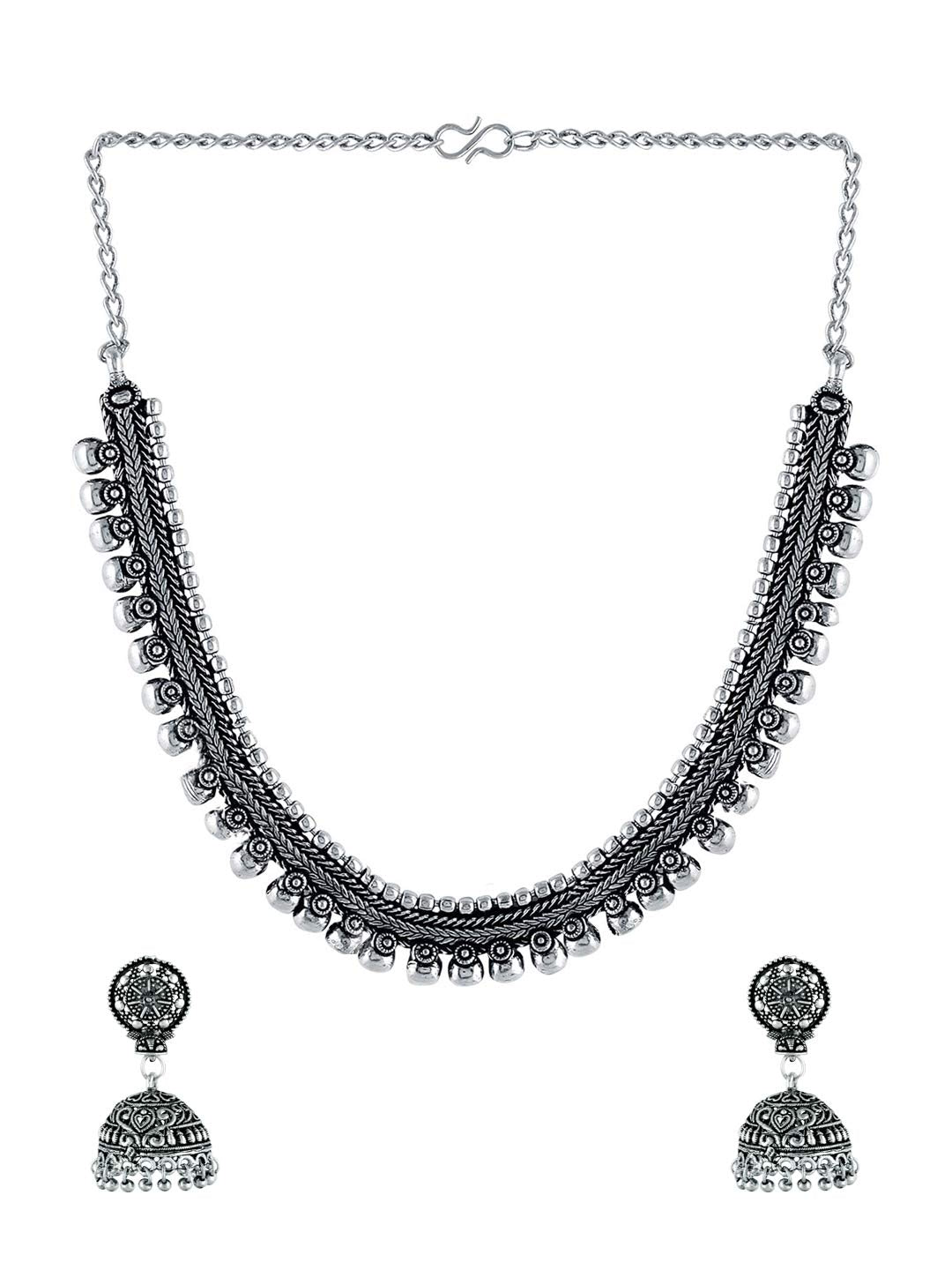 Yellow Chimes German Silver Oxidized Necklace Set Kohlapuri Choker with Jhumka Earrings Jewellery Set for Women (Oxidised Silver) (YCTJNS-12OXDCHOK-SL)