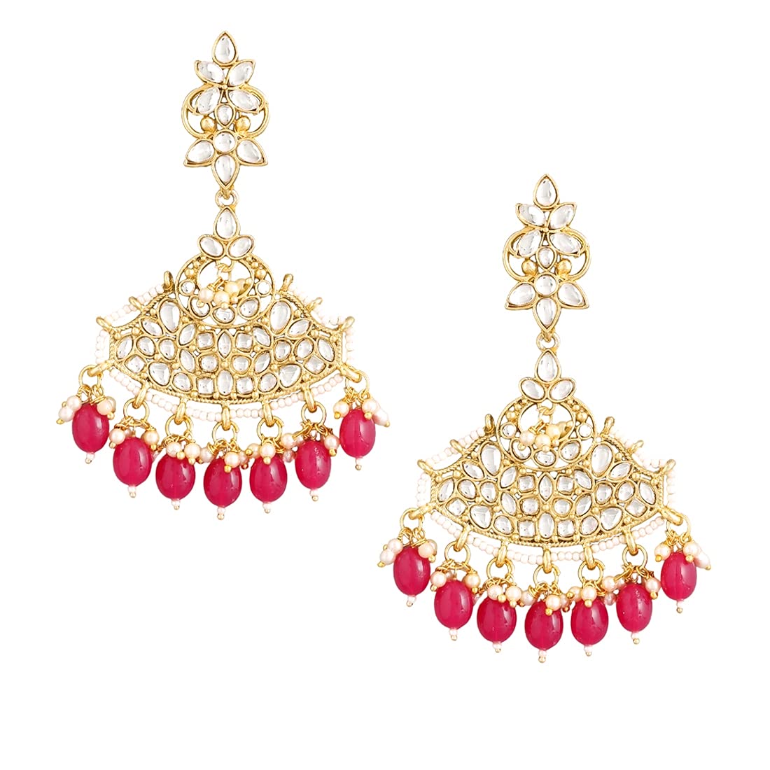 Yellow Chimes Ethnic Gold Plated Traditional Kundan Studded Pearl moti Pink Dangler Earrings for Women and Girls, Gold, Pink, Medium (Model: YCTJER-90LNGDG-PK)