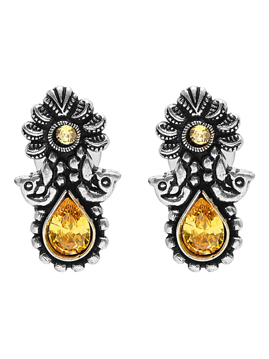 Yellow Chimes Silver Oxidised Stud Earrings For Women Yellow Stone-Studded Kolhapuri Stud Earrings For Women & Girls