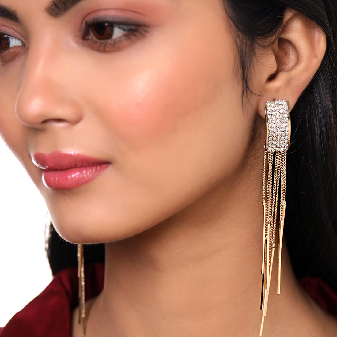 Kairangi Danglers Earrings for Women Gold Plated Crystal Studded Multi Chain Layer Long Dangle Earrings for Women and Girls.