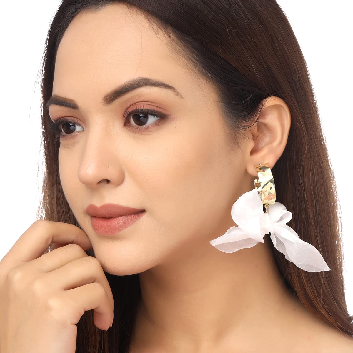 Yellow Chimes Earrings For Women White Colored Cloth Woven Bow Shaped Drop Earrings For Women and Girls