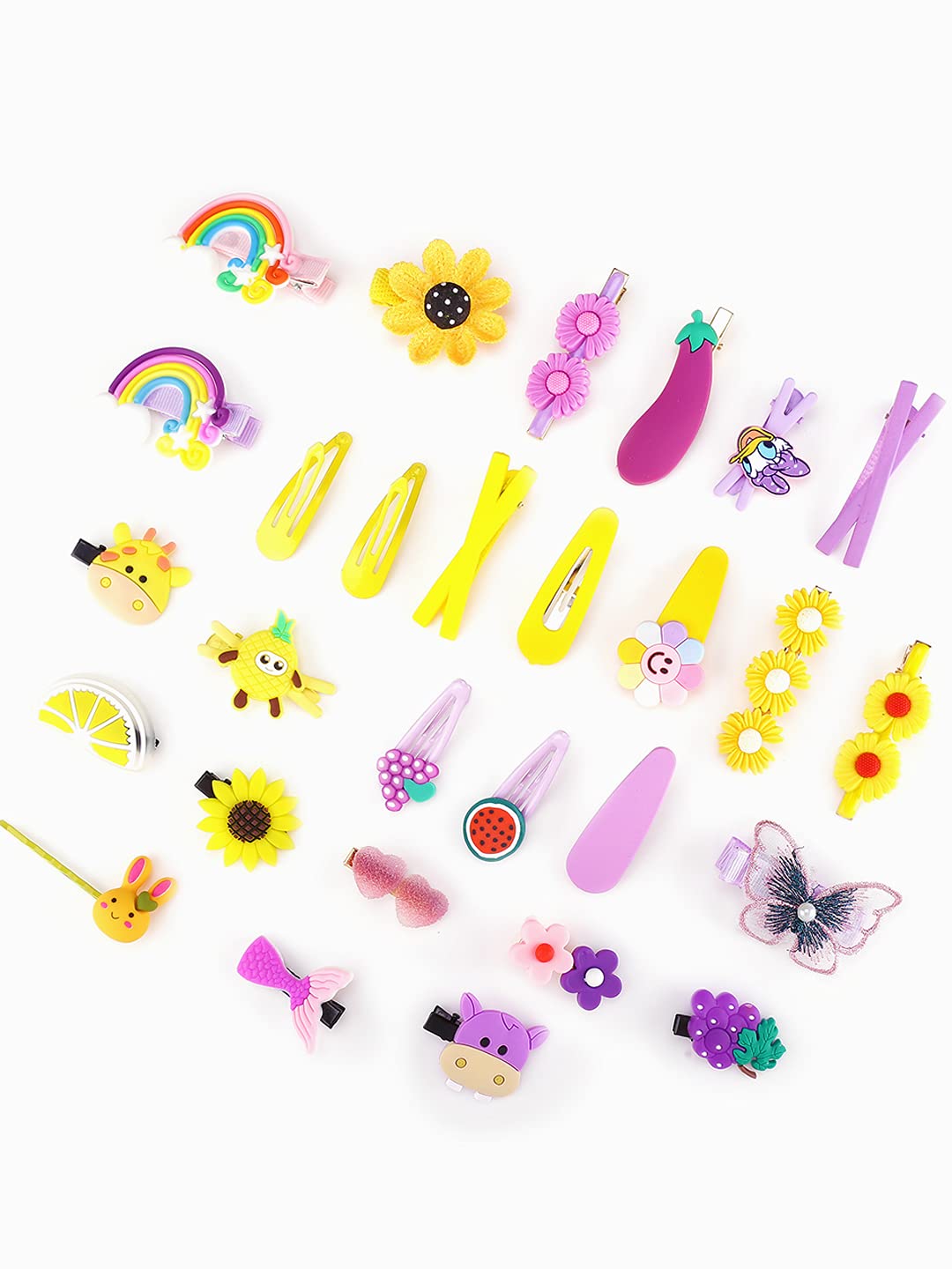 Melbees by Yellow Chimes 28 pcs Hair Clips for Kids Cute Characters Pretty Snap Hairpins Hair Accessories for Small Girls Kids (Pack of 28), Yellow, Purple, Medium (YCHACL-KD012-BNDL)