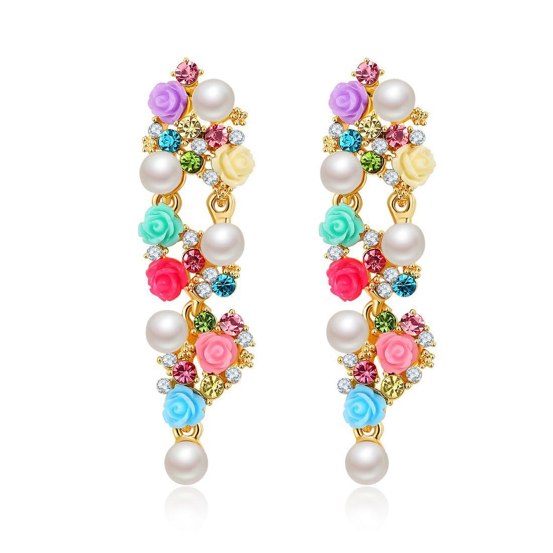 Kairangi Pearl Earrings for Women Fashion Collection Multicolor Rose Floral Design Gold Plated Danglers Earrings For Women