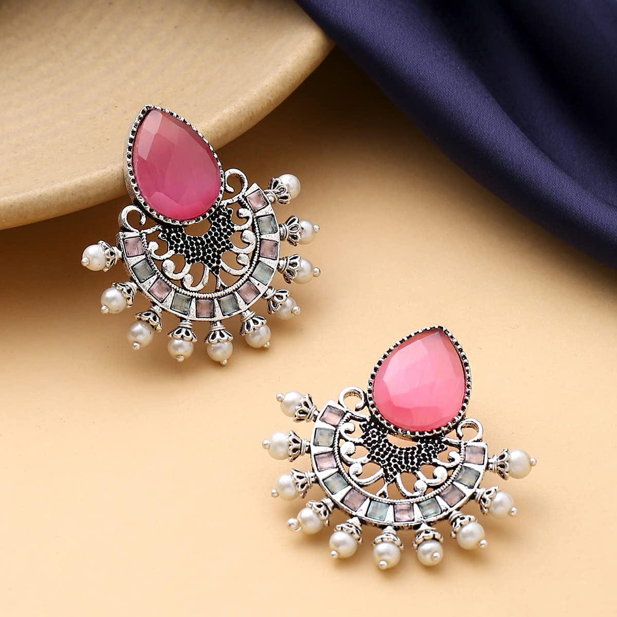 Yellow Chimes Earrings for Women and Girls Silver Oxidised Chandbali|Pink Stone Studded Chand Baliyan Earrings|Birthday Gift For girls and women Anniversary Gift for Wife