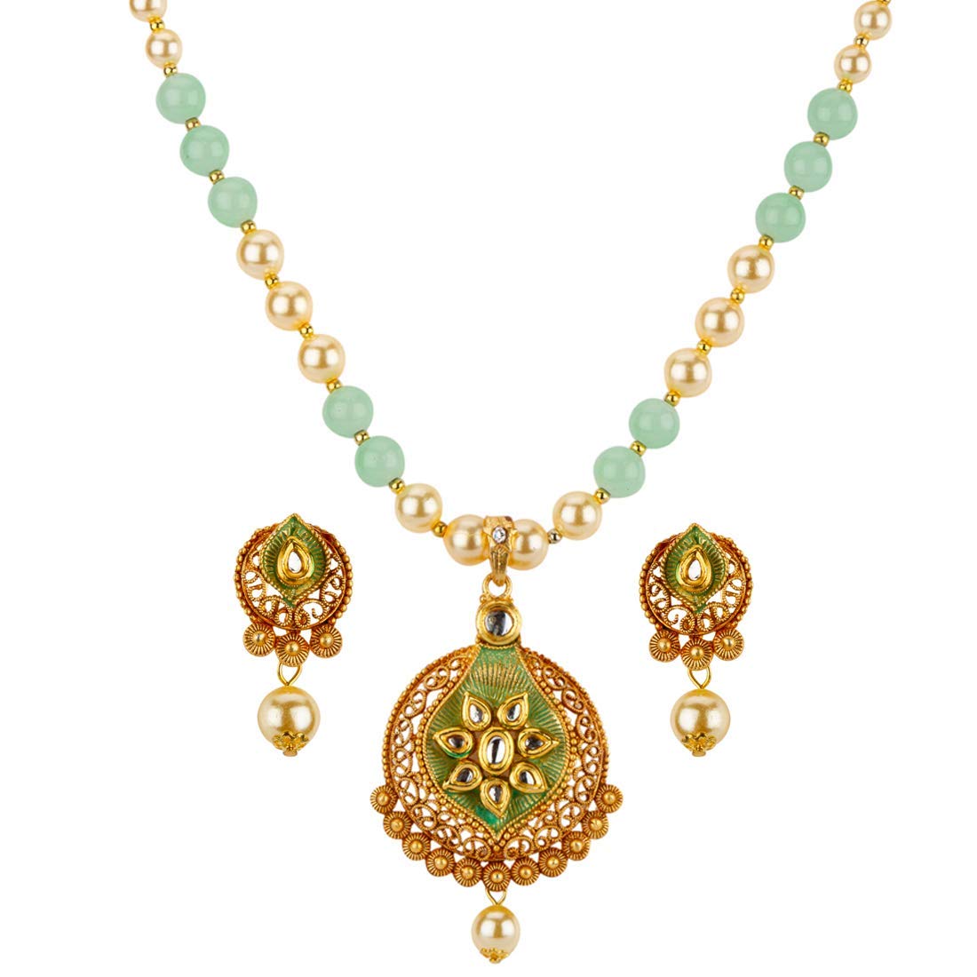 Yellow Chimes Exclusive Traditional Pearl Kundan Floral Dfesign Necklace With Drop Earrings For Women