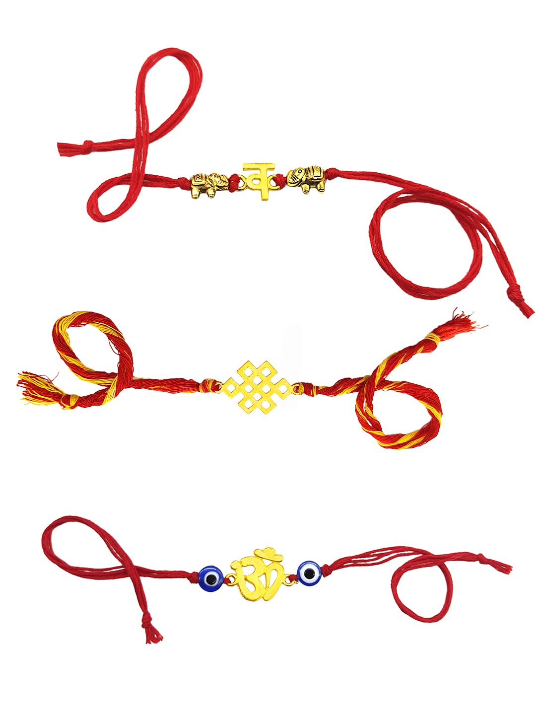 Yellow Chimes Combo of 3 Pcs Handmade Dori Worked Gold Toned OM Initial Letter V and Celtic Design Evil Eye Beads Rakhi for Brother with Roli & Chawal