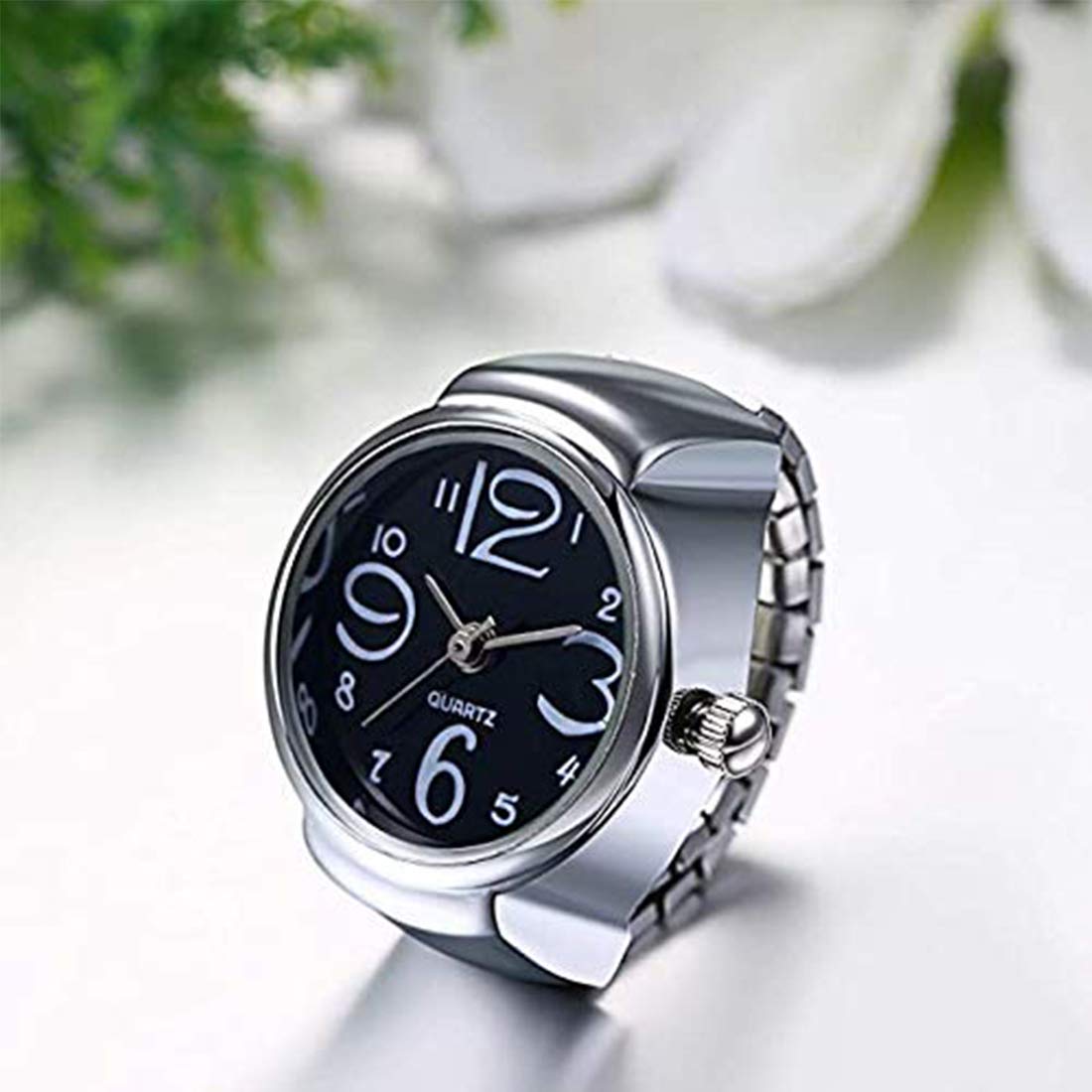 Yellow Chimes Rings for Women Stainless Steel Black Dial Analog Watch Ring Stretchable Ring Watch for Women and Girls.