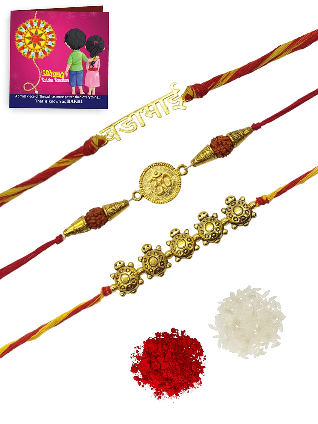 Yellow Chimes Handmade Dori Worked Gold Toned OM Tortoise Design Bada Bhai Engraved Rakhi Bracelet for Brother with Roli & Chawal, Red, Gold, Medium (YCTJRK-13BHAY-GL) Combo of 3 Pieces for Men/Boy