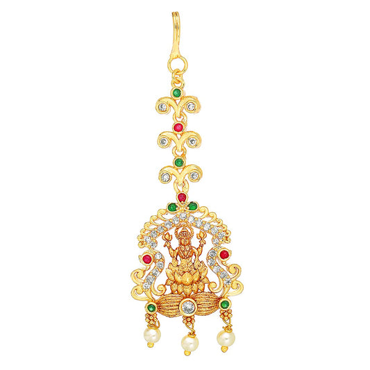 Yellow Chimes Classic AD/American Diamond Studded Gold Plated Lakshmi Design Maang Tikka for Women and Girls, Multicolor, Medium