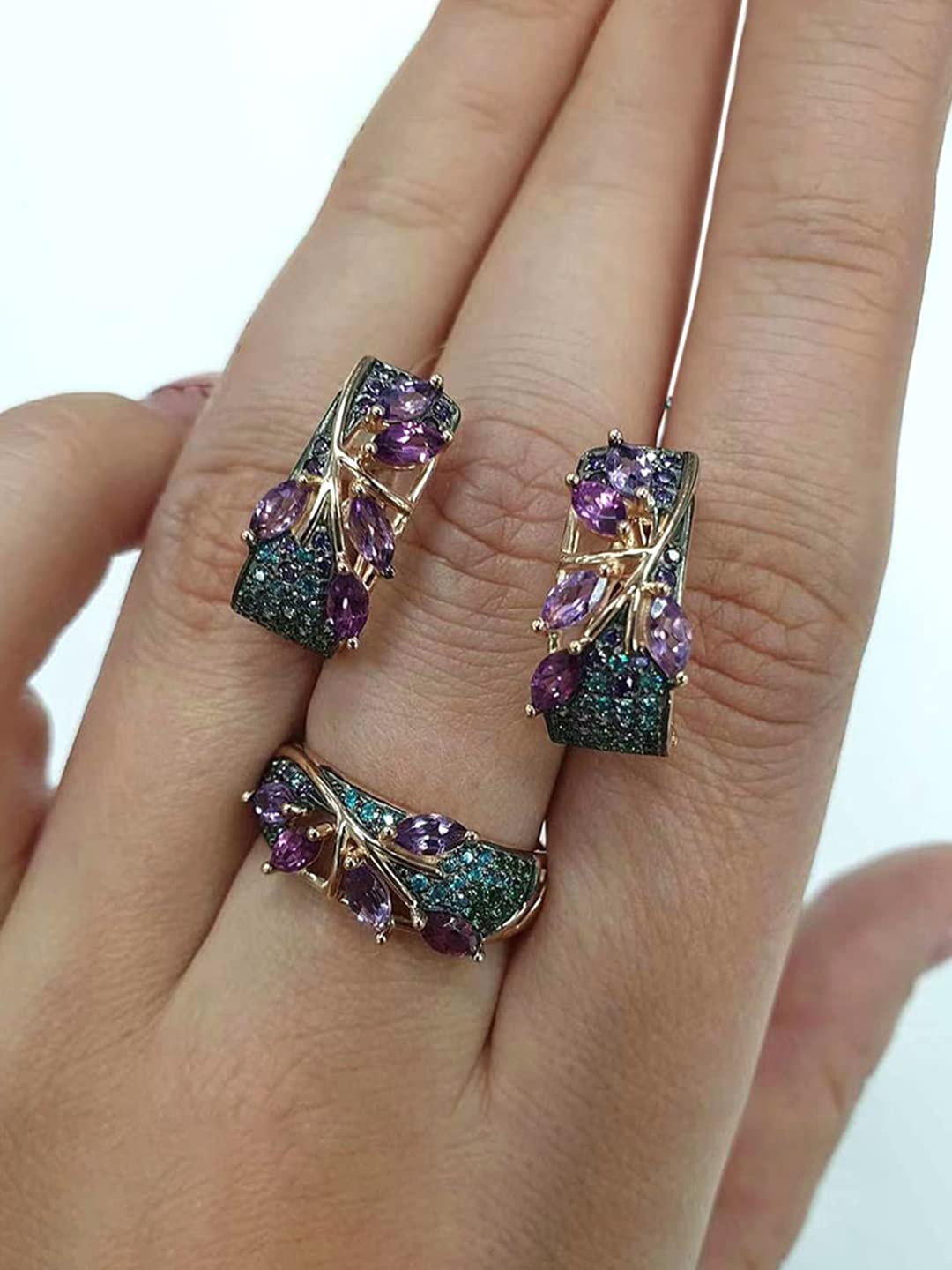 Yellow Chimes Ring for Women with Purple Crystal Studded Diamond and Earring Classic Design Gold Plated Artistic Jewellery for Women and Girls