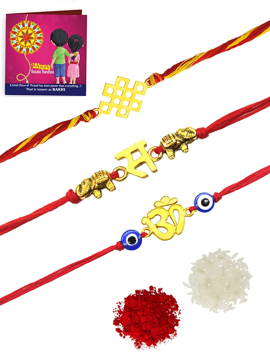 Yellow Chimes Combo of 3 Pcs Handmade Dori Worked Gold Toned OM Initial Letter S and Celtic Design Evil Eye Beads Rakhi for Brother with Roli & Chawal, Red, Gold, Medium (YCTJRK-29BHAY-GL)