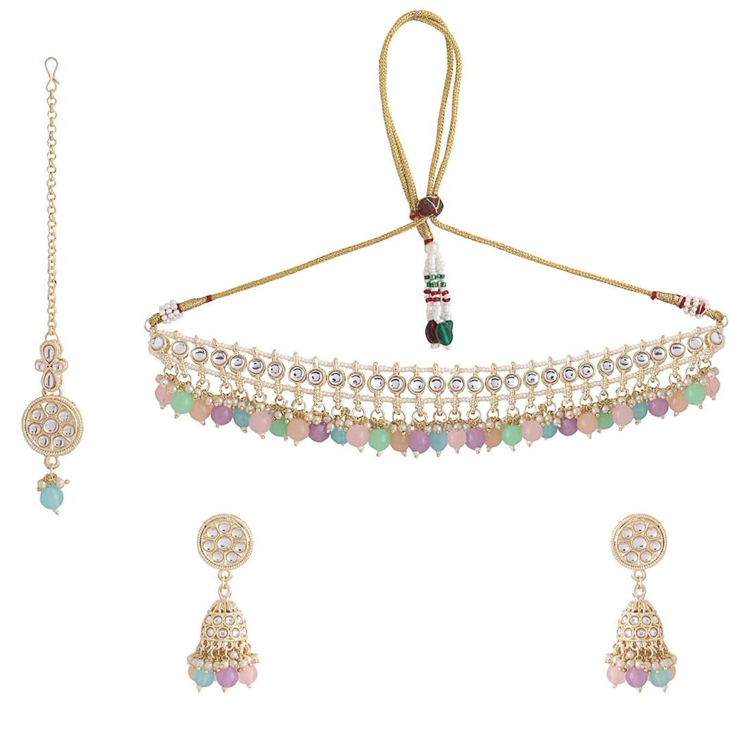 Yellow Chimes Jewellery Set for Women and Girls Kundan Necklace Set Gold Plated Kundan Studded Multicolor Beads Drop Necklace Set | Birthday Gift for girls and women Anniversary Gift for Wife