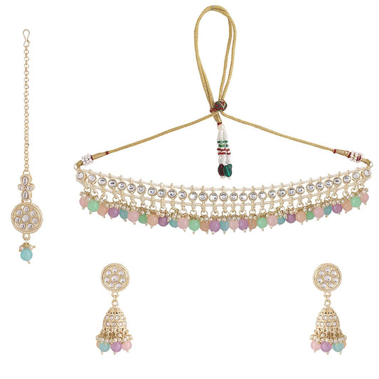 Yellow Chimes Jewellery Set for Women and Girls Kundan Necklace Set Gold Plated Kundan Studded Multicolor Beads Drop Necklace Set | Birthday Gift for girls and women Anniversary Gift for Wife