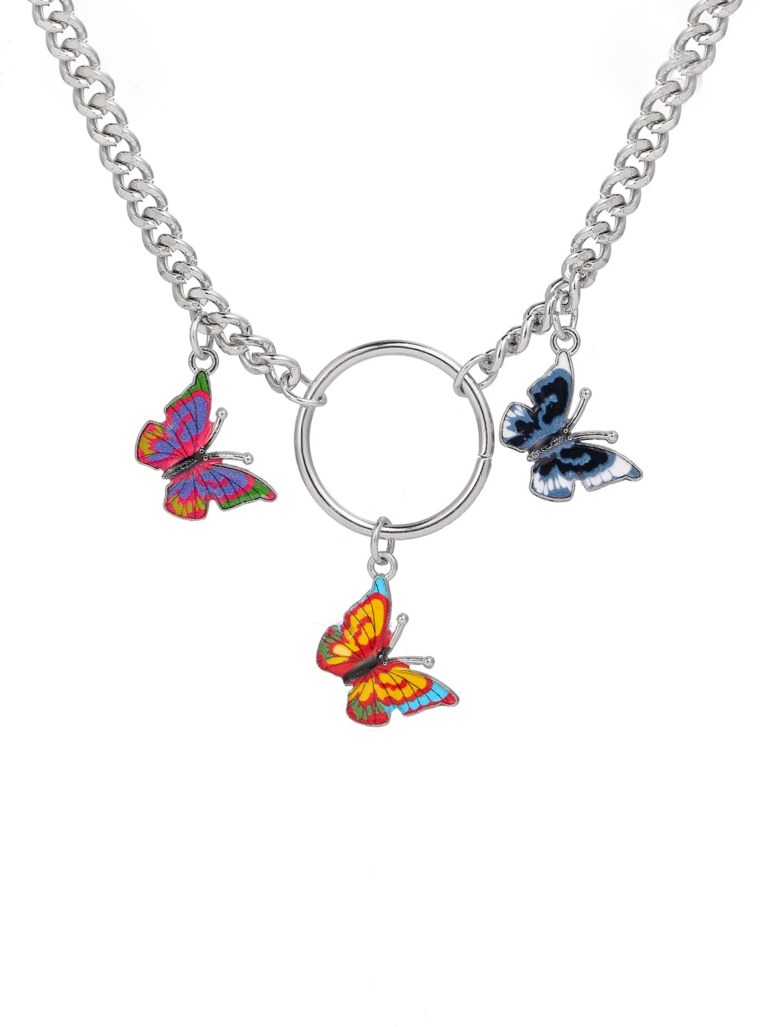 Yellow Chimes Necklace For Women Silver Tone Linked Chain With Multicolor Three Butterfly Charm Hanging Necklace For Women and Girls