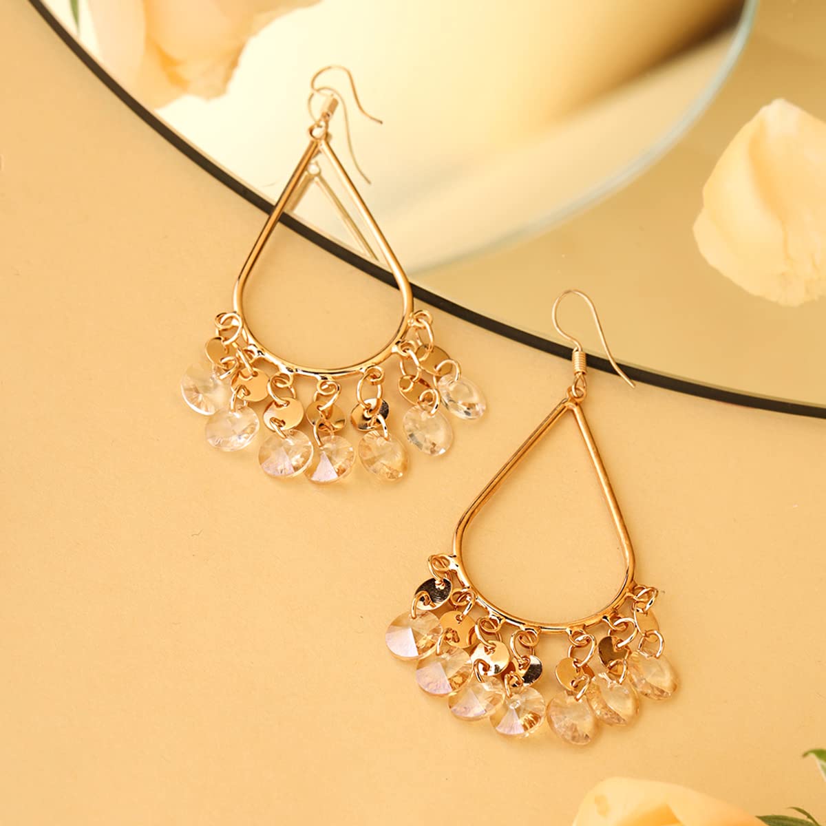 Yellow Chimes Danglers Earrings for Women Golden Crystal Long Danglers Gold Plated Chandbali Earrings for Women and Girls.