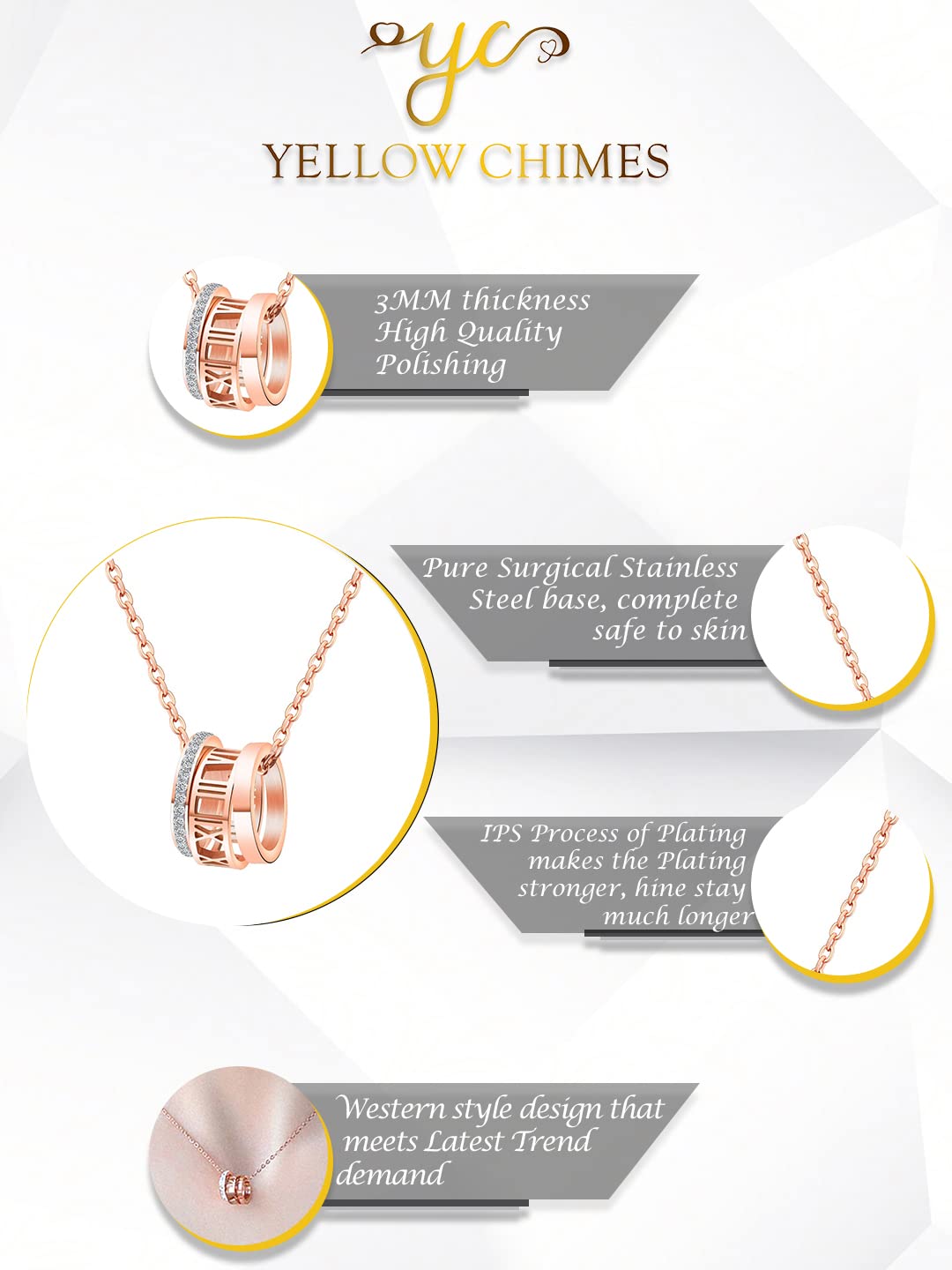 Yellow Chimes Chain Pendant for Women Rose Gold-Plated Rings Charm Chain Pendant Necklace for Women and Girls.