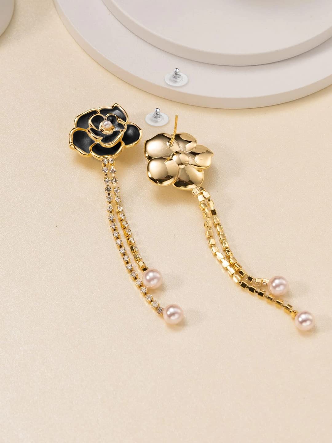 Yellow Chimes Earrings For Women Black Flower Stud With Linear Chain Hanging Pearl Drop Dangler Earrings For Women and Girls