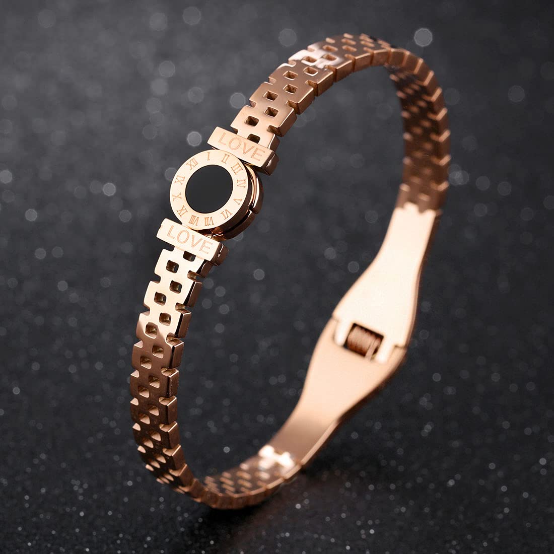 Yellow Chimes Bracelet for Women Stainless Steel Rose Gold Plated Statement Style Black Circle Design Kadaa Bracelet for Women and Girls.