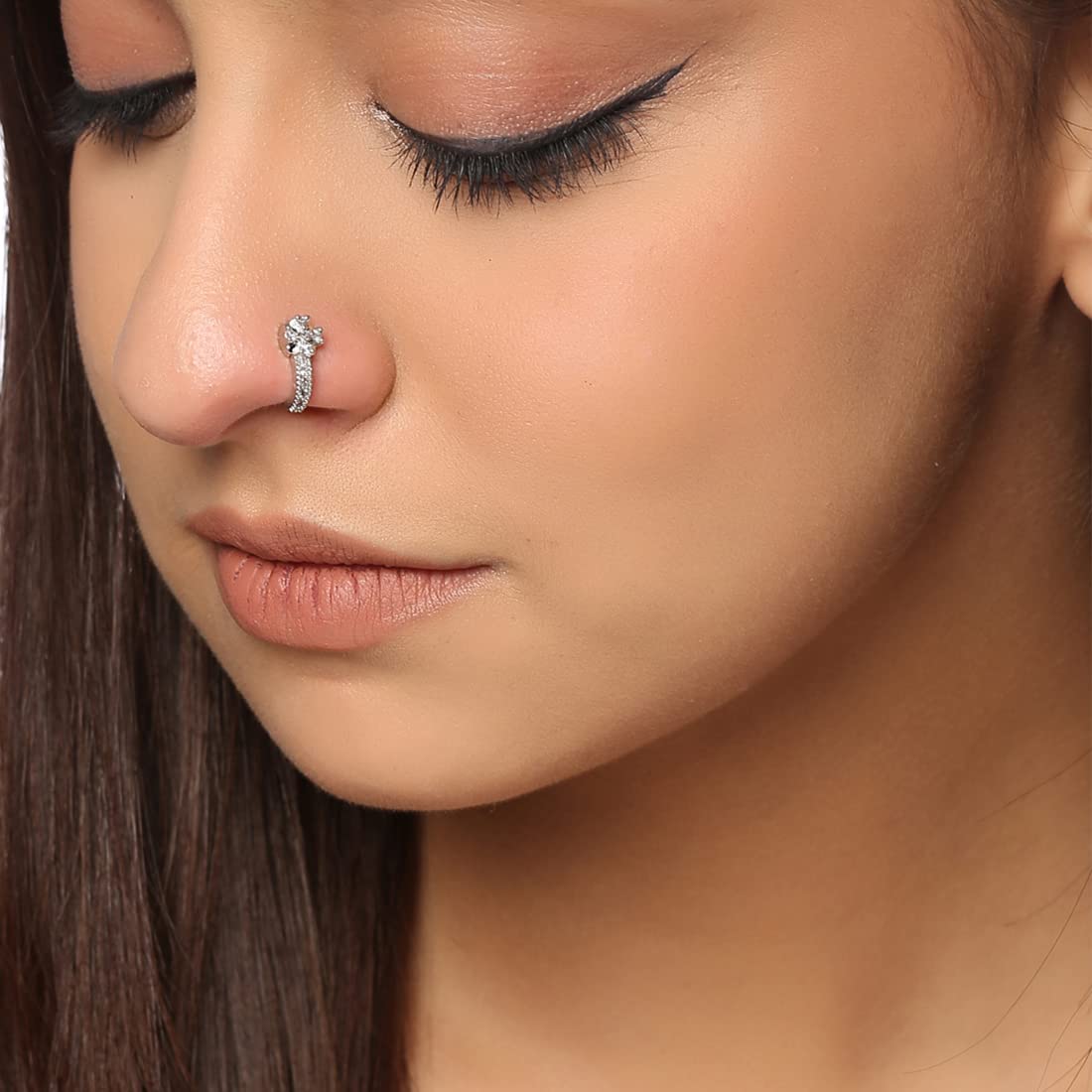 GOLD PLATED CZ STUDDED NON PIERCING NOSE RING – Sanvi Jewels