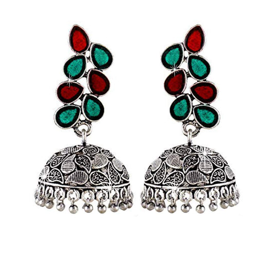 Yellow Chimes German Silver Oxidized Jhumka Meenakari Touch Traditional Jhumki/Jhumka Earrings for Women