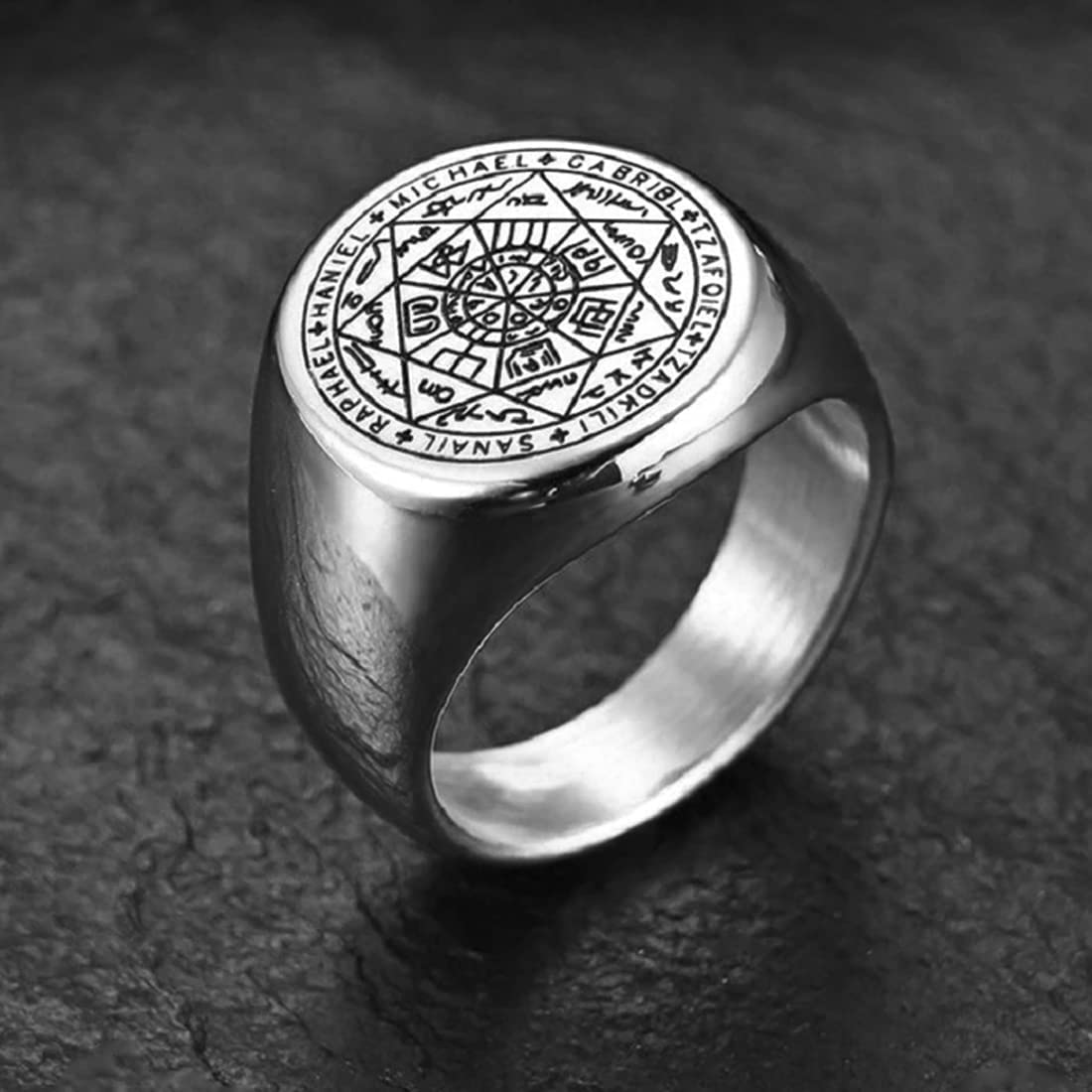 Yellow Chimes Rings for Men Stainless Steel Silver Ring The Seals of The Seven Archangels Protection Band Ring for Men and Boys.