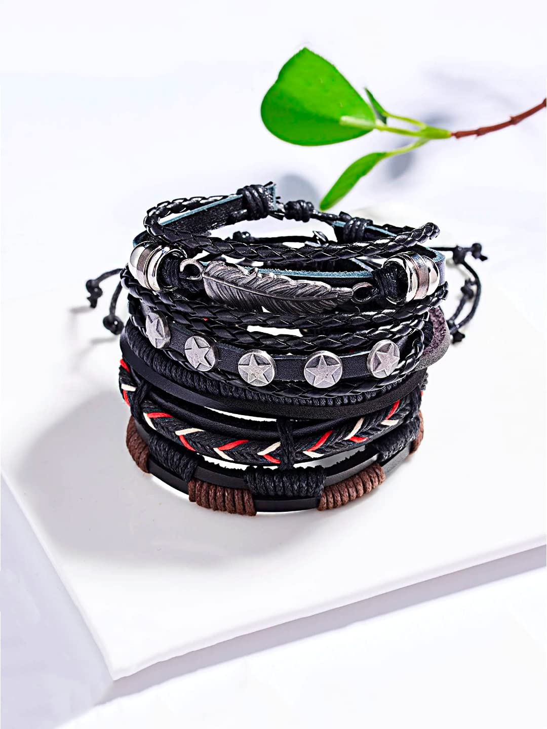 Yellow Chimes Bracelets for Men and Boys | Fashion Black Leather Bracelet Set for Men | Multi Layed Type Leather Bracelets for Men | Accessories Jewellery for Men Combo | Birthday