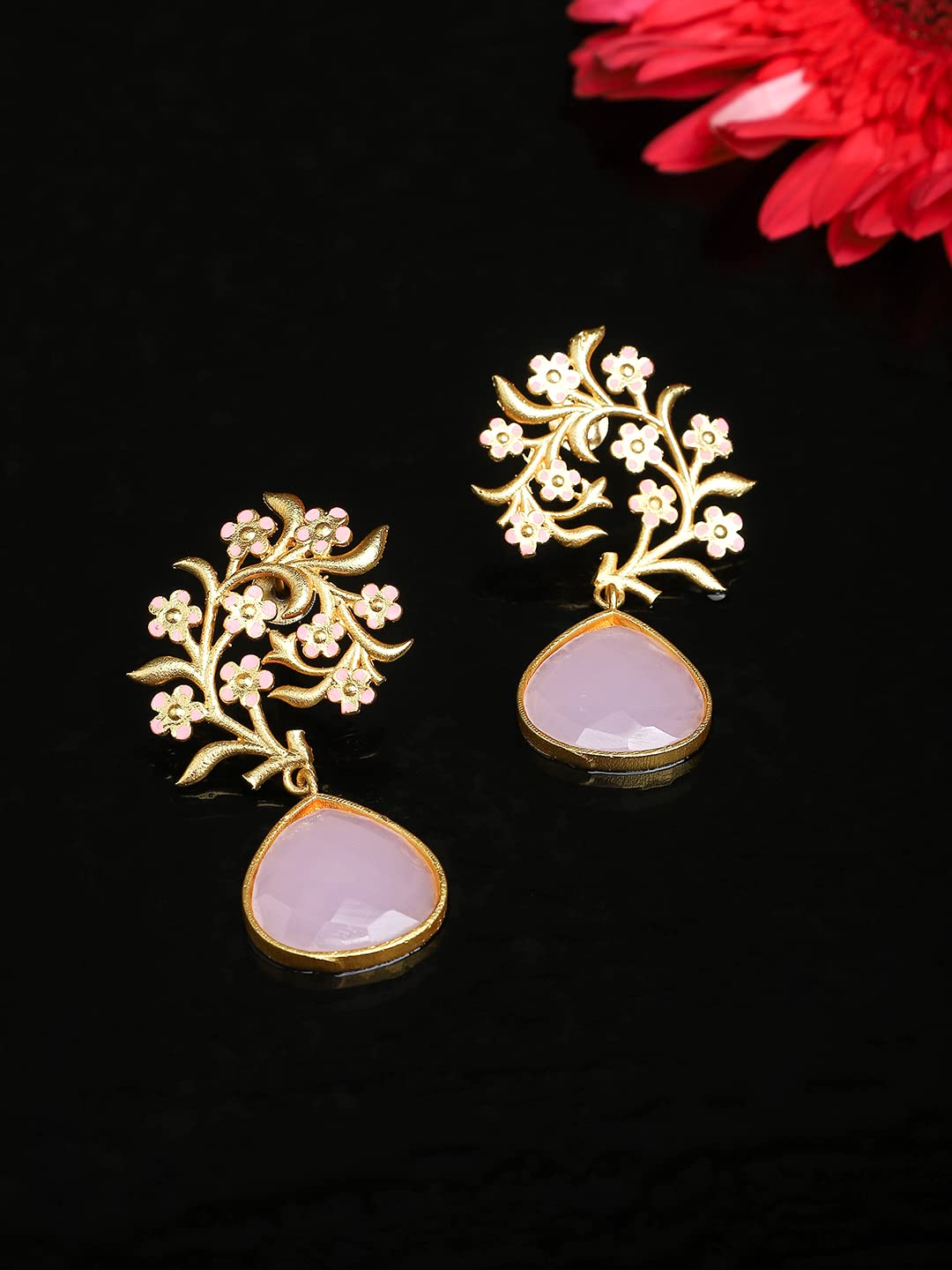 Yellow Chimes Drop Earrings for Women Traditional Gold Plated Studded Pink Stone Ethnic Floral Shaped Drop Earrings for Women and Girls