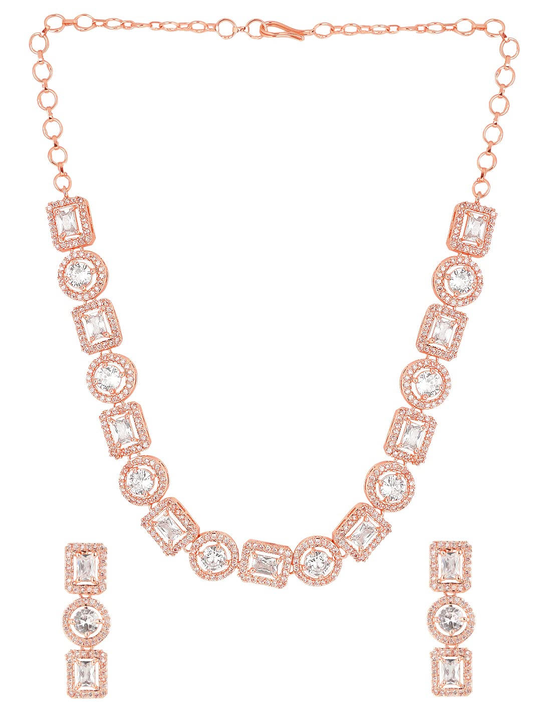 Yellow Chimes Classic AD/American Diamond Studded Rose Gold Plated Square Oval Designed Necklace Set Jewellery Set for Women and Girls, White, Medium (YCADNS-16OVLSQR-RG)