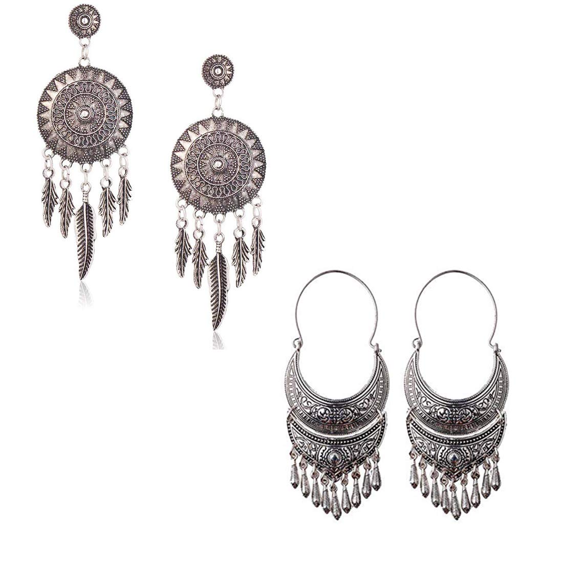 Yellow Chimes Oxidized Silver Combo Of Two Pair Traditional Long Chand Bali Earrings For Women & Girls