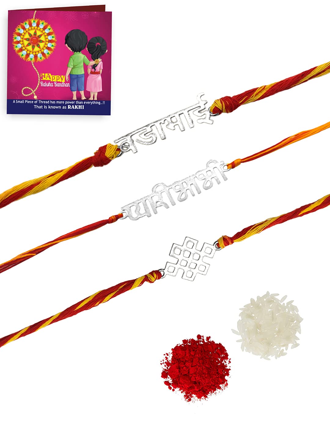 Yellow Chimes Combo of 3 Pieces Handmade Dori Worked Silver Toned Bada Bhai Pyari Bhabhi and Celtic Design Bhaiya Bhabhi Rakhi Bracelet with Roli & Chawal - Red, Silver, Medium For Unisex Adult